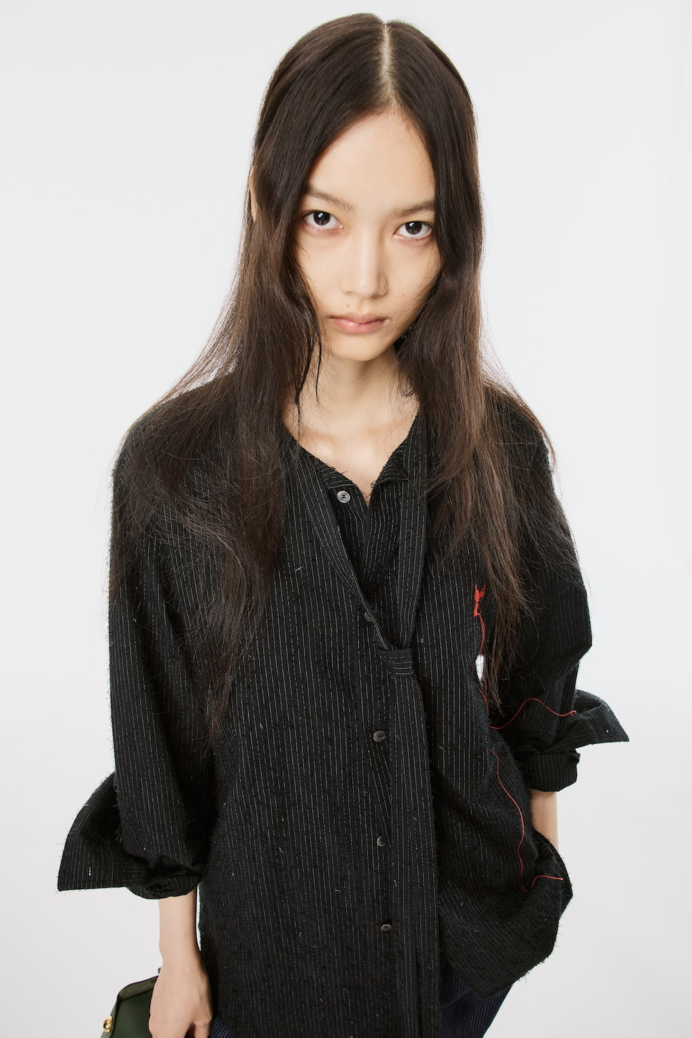 トップス SHAGGY STRIPE BOW TIE SHIRT - BLACK 001-SHAGGYSTRIPEBOWTIESHIRT-