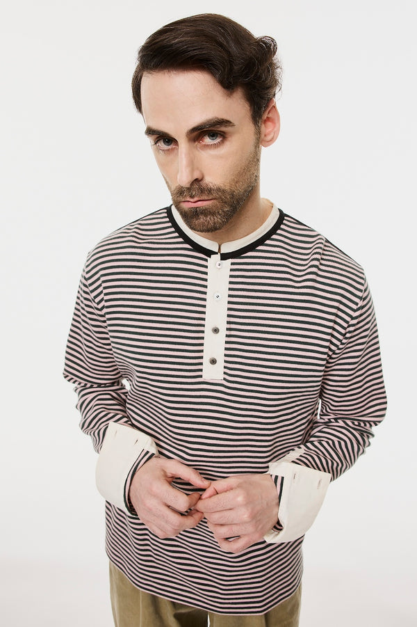 OPPOSITE WAFFLE STRIPE PULLOVER SHIRT - PINK / M26H9CS006-MASU Official Online Store