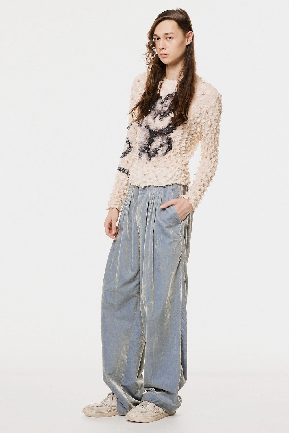 邦楽 may Velvet Accordion Wide Trousers - Dusty Blue - MASU– MASU Official